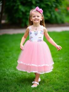 Young Girl Unicorn Dress With Unicorn Headband, Party Dress - Multicolor - View 4