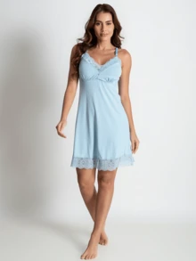 Eatifa Women's Nursing Nightgown In Viscose With Lace Details And Opening - Baby Blue - View 2