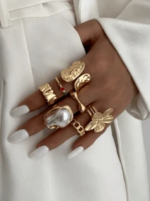 6pcs/7pcs Set Vintage Geometric Flower Embellished Ringed Jewelry Set, Luxury Casual Everyday Rings For Women, Couples, Holidays, Birthdays, Versatile Accessory Gift