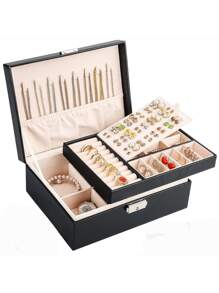 Caja organizadora de joyas, caja de joyas para chicas y mujeres, organizador de aretes con cerradura, de doble capa, estuche para joyas con bandeja extraíble para collares, aretes y anillos