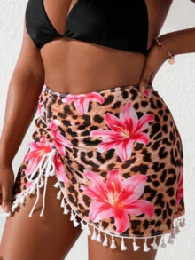 Slaydiva Plus Size Women Leopard & Floral Print Side Drawstring Tassels Hem Fashionable Coverup & Skirt - Multicolor - View 3