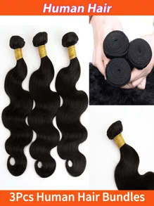 3 Peças Pacotes de Cabelo Humano Onda Corporal Dupla Trama, Cabelo Humano Não Processado Pacotes de Cabelo Trama para Mulheres, Cor Natural