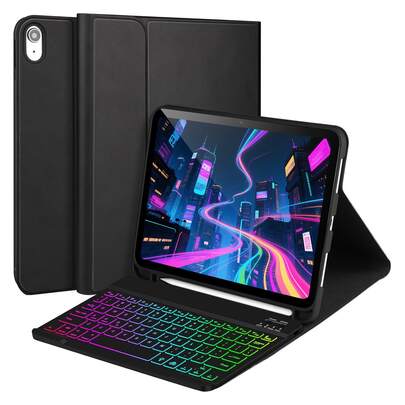 Odvojiva Bluetooth tastatura sa šarenim pozadinskim osvetljenjem i futurom, kompatibilna sa Samsung Galaxy Tab / / Pad SE, ultra tanka lagana zaštitna futira sa stalkom i slotom za olovku (Apple Pencil nije uključen), crna futira + crna tastatura