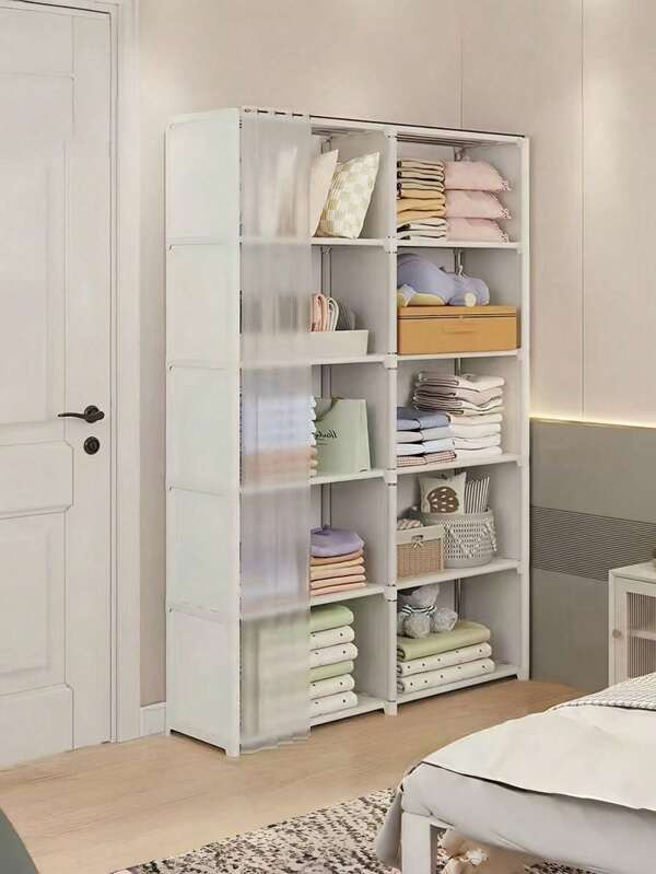 1pc Portable Foldable Closet Organizer, Small-Medium Size, Multifunctional Cube Shelving Unit, Clothes Cabinet With Curtain, Bookshelf