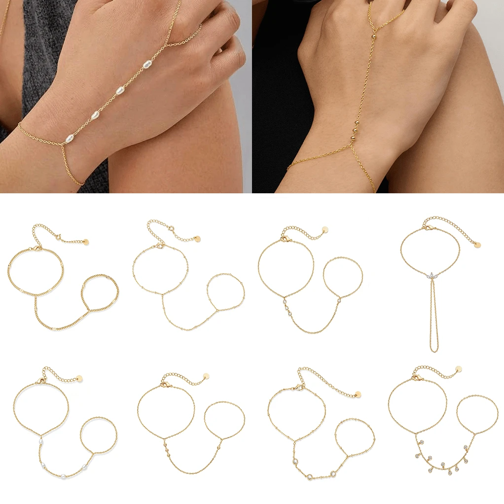 TUANZISP 1pc Adjustable Copper Plated Finger Chain Bracelet, Decorated With Faux Pearl And Cubic Zirconia, Elegant Style Suitable For Daily Wear, Fashionable And Luxury Women Jewelry Gift For Birthday, Valentine's Day