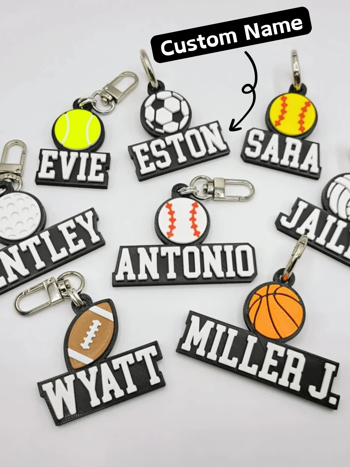 1 paquete Llavero personalizado con nombre y opción de varios deportes, impreso en 3D en plástico, accesorio de regalo con tema deportivo, multicolor, mini pelota, para cumpleaños, aniversarios, graduaciones, días de juego, con lentejuelas, colorido, lindo, adorable, estilo Y2K, kawaii, divertido, elegante, personalizado, único, ideal para ella, novia, niños, familia, amigos, organizador de viaje - Multicolor - Ver 1