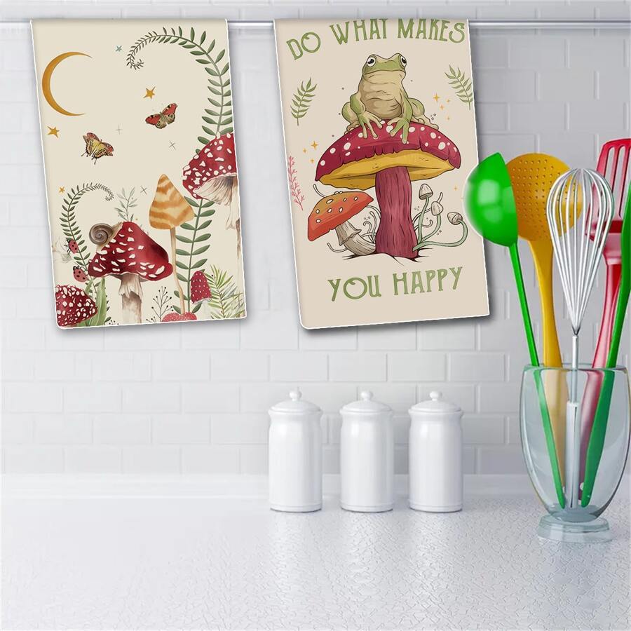 2 Stücke Boho Frosch & Pilz Design Küchentücher, super weich & saugfähig Mikrofaser Handtücher, Cartoon Pflanzen Muster, Vliesstoff, Landhausstil Geschirrtücher, für Badezimmer und Heim Dekoration Schulanfang