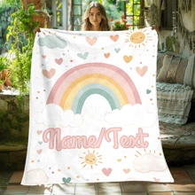 Customized Rainbow Flannel Blanket - Soft & Lightweight, With Heart And Cloud Design - Customizable Name/Text - Great For Sofa, Bed, Travel, Camping - Ideal Gift For All Seasons, Personalized Blanket