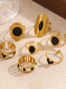 Ein stilvoller Edelstahl minimalistische, retrogeometrische ovale schwarz-weiße Damenring