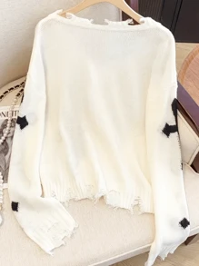 European And American Punk Street Style Cross Design Frayed Plus Size Women Sweater, Elegant Mature Ladies V-Neck Long Sleeve Knit Top