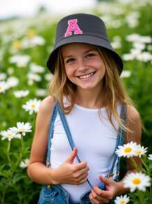 1PC Kids 26 Alphabet Personalized Name Print Sun Hat Fashion Versatile Bucket Hat Suitable For Girls Outdoor Daily Back To School Wear