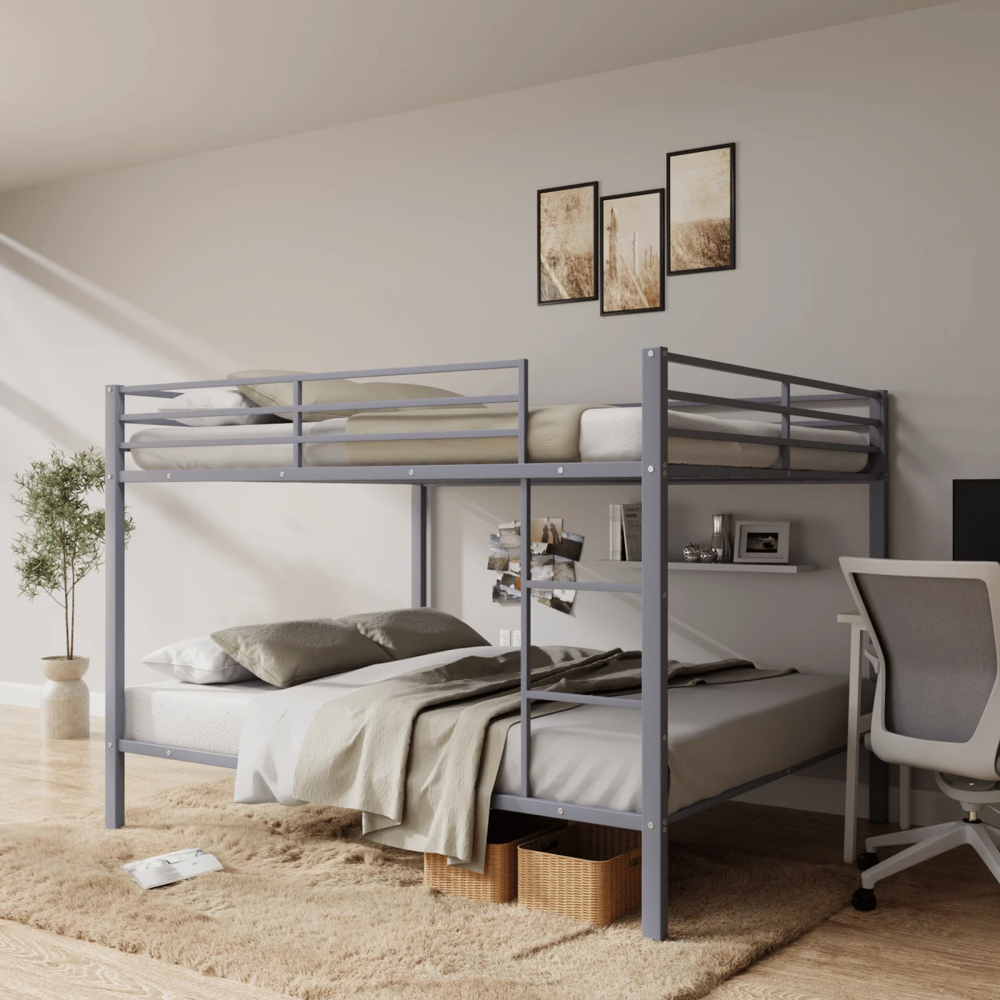 Full Over Full Bunk Bed, Heavy Duty Metal Bunk Bed Frame With Built-In Ladder And Safety Guard Rail, Low Metal Bunk Bed Frame For Kids, No Boxspring Required, For Small Spaces,Grey - Grey - View 1