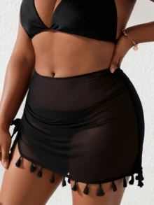 Slaydiva Plus Size Tassel Trim Drawstring Side Mesh Beach Skirt Summer - Black - View 3