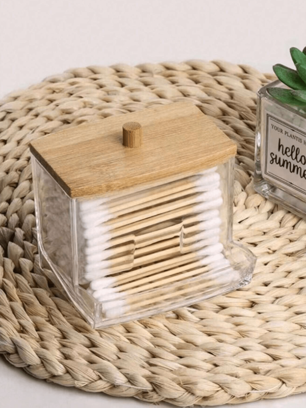 1Pc Acrylic Qtip Holder With Bamboo Lid, Clear Small Cotton Swab Dispenser, Plastic Ear Stick Cotton Swab Holder, Toothpick Storage Container, Bathroom Countertop Decorative Storage Organizer