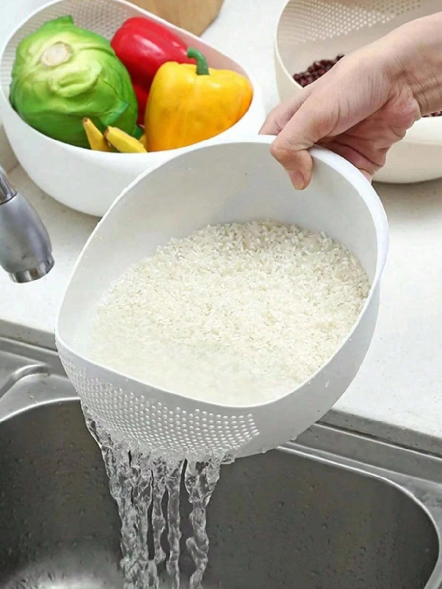 1 pieza Bol multifuncional para lavar arroz, colador con agujeros laterales de descarga, asa antideslizante, colador de arroz de PP para arroz, verduras, frutas, fideos, fácil de drenar y limpiar, ideal para cocinar a diario, hornear, preparar ingredientes, utensilios de cocina, artículos esenciales para hornear en Pascua, limpieza de frutas de verano, herramienta de cocina imprescindible