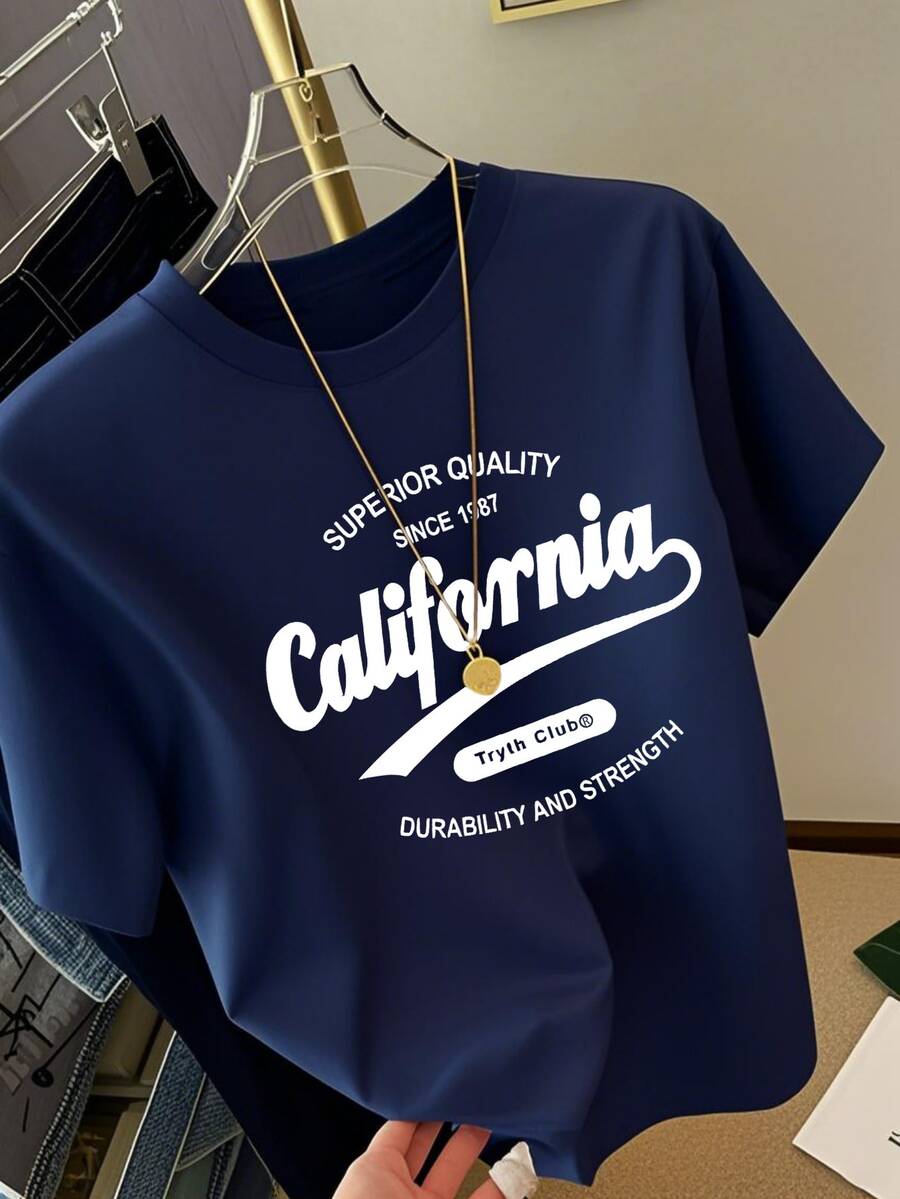Kaos Putih Lengan Pendek Panjang Sedang, Motif Grafis Bahasa Inggris untuk Wanita, Gaya Berlapis Kasual Musim Panas - Angkatan laut - View 1