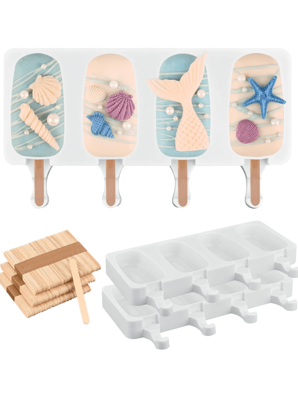 Popsicle Silicone Mold Set, 1pc 4-Cavity Oval Homemade Ice Cream Molds, 50 Wooden Sticks, Reusable For Making Popsicles, Cake Sticks And Cake Popsicles, Enjoy Summer Fun (White)