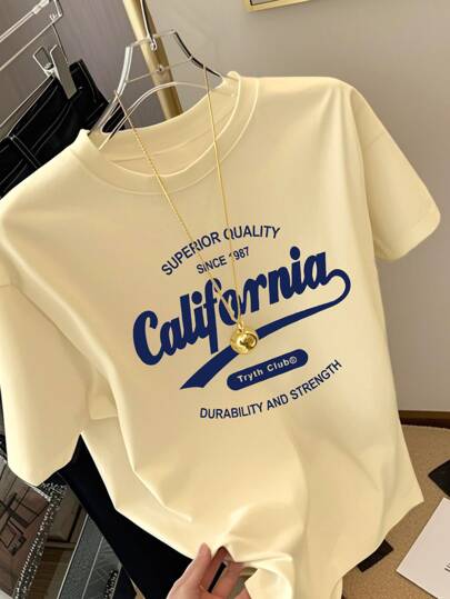 White Short Sleeve Mid-Length T-Shirt With English Print, Women Casual Top