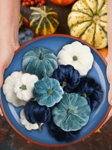 6pcs/Set-Velvet Faux Pumpkins,An Elegant Biue-Themed Combination Suit, Perfect For Fall,Assorted Small Harvest Faux Pumpkins,Decorative Fabric Pumpkins, Foam Pumpkins In Rust Orange White For Fall Wedding Halloween Thanksgiving Table Centerpiece Mantel Farmhouse Decor Fall Autumn,Christmas,Birthday Graduation - Multicolor - View 5