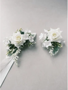 2件套乡村风人造花，叶子和浆果装饰胸花，适合新郎/伴郎佩戴，手腕花适合新娘/伴娘佩戴，情人节配饰 - 白色 - 查看 4