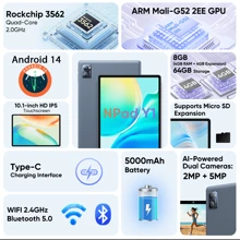 N-one N-One NPad Y1 Tablet / CPU UNISOC / Android 13 / 4GB (LPDDR3) + 64GB (eMMC) / Pantalla táctil IPS de 10.1'' (1280*800) / 5000mAh / WIFI5 2.4GHz + 5GHz (SIM no soportada) / Tablet WIFI / Soporta expansión de 1TB SD / Cámara 5MP + 2MP / Vidrio templado y funda gratis