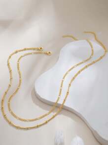 2pcs 18K Gold-Plated Stainless Steel Necklace Set - Simple Fashion Layered Chain Necklace With Bead Decoration, Versatile Minimal Design Gift For Women And Girls (Bead Quantity Randomly Included)