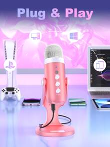 Haomuren USB Condenser Microphone With Type-C Adapter For Computer/PC/Phone, Plug&Play Gaming Microphone With Headphone Out & Volume Control, Mic Gain Control, Mute Button Vocal Perfect For Streaming, Podcasting, Recording, No Lightning Adapter - 粉色 - 查看 3