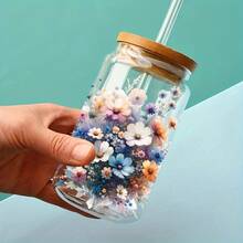 5pcs Floral Glass Jar Transfer Paper, 16oz - Vibrant UV DTF Self-Adhesive Decals For Coffee Mugs & Jars With Wooden Lids, Featuring Colorful Flowers And Green Foliage, Coffee Accessories - Multicolor - View 3