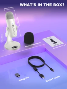 Haomuren USB Condenser Microphone With Type-C Adapter For Computer/PC/Phone, Plug&Play Gaming Microphone With Headphone Out & Volume Control, Mic Gain Control, Mute Button Vocal Perfect For Streaming, Podcasting, Recording, No Lightning Adapter - 白色 - 查看 11