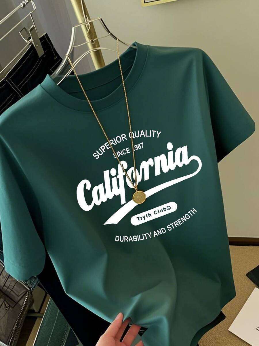 白色英文印花中长款T恤女式上衣夏季 - 墨綠色 - 查看 1