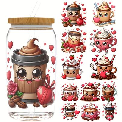 Conjunto de 12 adesivos de embalagem para copos DTF UV de 16 oz, estilo requintado e adorável para café, estilo Dia dos Namorados, usados para kits de artesanato "faça você mesmo" de copos e garrafas, decalque "faça você mesmo" à prova d'água para copos de vidro e diversos designs de adesivos. (Somente embalagens UV, não vendidas canecas)