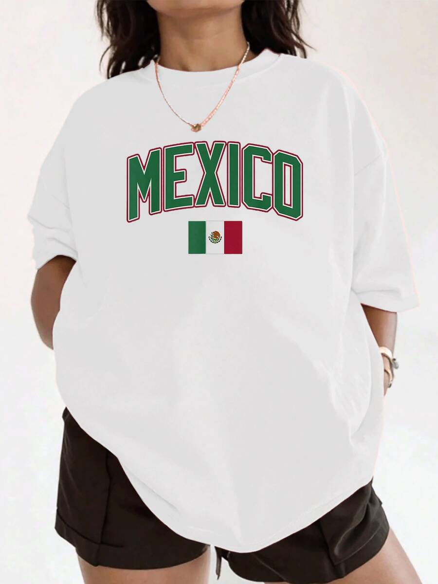 Women's Summer Casual Loose Fit Mexico Flag Print TShirt, Soft Comfortable Crew Neck Short Sleeve Tops For Ladies, Cute Graphic Tee For Daily Wear, Vacation, Party, And More. - trắng - Xem 1