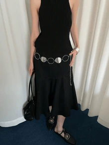 1pc Silver-Color Metal Alloy Circular Ring Decor Waist Chain For Women