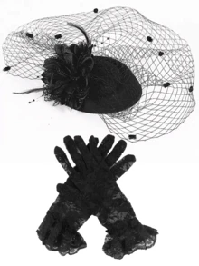 1 Set, 1 Mini Sombrero de Dama Emparejado con 1 Par de Guantes de Encaje, Conjunto de Sombrero de Boda, Mini Sombrero para Eventos, Fascinador de Estilo Británico - A - Ver 5