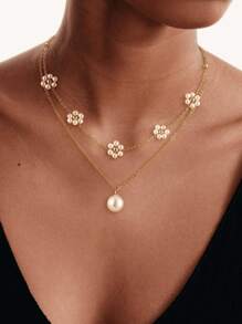 2 Stücke Edelstahl Perlblumen Anhänger Halskette Set, modische doppelreihige Perlblumen Anhänger Halskette, zarter Schmuckgeschenk für Frauen und Mädchen