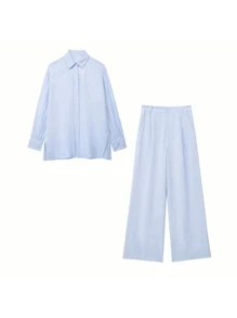 Ensemble 2 pièces pour femme de style arabe, composé d'un cardigan casual à col polo polyvalent en couleur unie élégante, en tissu doux, avec un Top ample et de pantalons larges à plis détendus. Idéal pour la plage, le bureau et la rue.