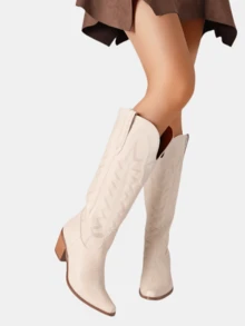 Womens Cowboy Boots Comfortable Retro Pull On Pointed Toe Wide Calf Long Tall Block Chunky Heel Embroidered Boots Outdoor Boots