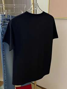 白色英文印花短袖中长T恤，女士时尚印花休闲T恤，黑色夏季款 - 黑色 - 查看 3