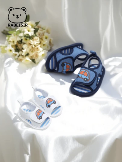 RABEISIR 婴儿学步凉鞋，鞋底柔软，有汽车图案，透气防滑，适合日常和度假穿着，春夏款式