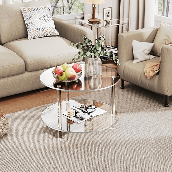 Mesa de centro redonda de acrílico, mesa lateral moderna de 2 níveis para sofá redondo com prateleiras de armazenamento, adequada para sala de estar, recepção de escritório e apartamento
