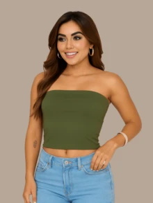 2 Women's Cropped Tube Top Without Straps And Without Basic Pads Double Layer Of Suplex Slim Fit Shaper Strapless - 綠色/灰色 - 查看 2