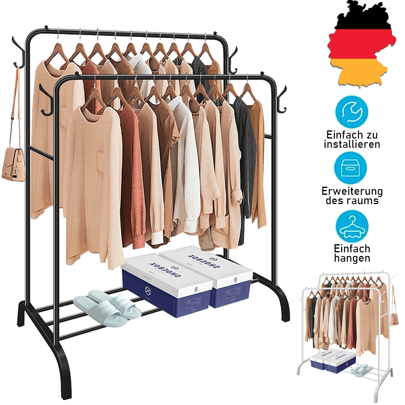 Schwarz/Weiß Kleiderständer Garderobenständer Kleiderstange mit Ablagen Metall