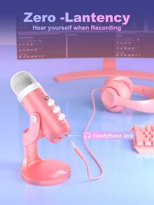 Haomuren USB Condenser Microphone With Type-C Adapter For Computer/PC/Phone, Plug&Play Gaming Microphone With Headphone Out & Volume Control, Mic Gain Control, Mute Button Vocal Perfect For Streaming, Podcasting, Recording, No Lightning Adapter - 粉色 - 查看 4