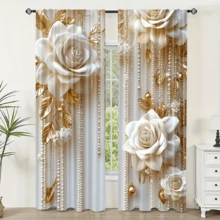 Cortinas elegantes com rosas douradas e brancas (2 peças) - Tecido de poliéster luxuoso, com bolso para varão, laváveis à máquina, adequadas para sala de estar, quarto, cozinha, escritório e sala de estudos - Design artístico clássico com estampa floral e de pérolas. - Multicolorido - Ver 6