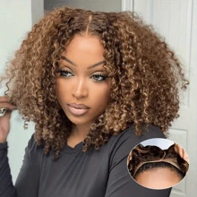 Glueless Ready To Wear Wig Human Hair Pre Plucked Precut P4/27 Highlight Ombre Honey Blonde Curly Bob 180 Density 6x4 Lace Closure Glueless Wigs With Natural Hairline For Women