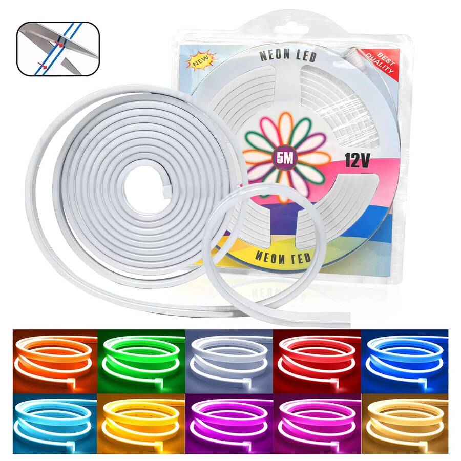 Tira de luz LED de neón flexible para hogar y exterior, 5 metros, cortable, sin fuente de alimentación, ambiente festivo, adecuada para fiestas de cumpleaños, reuniones navideñas, fiestas.