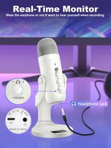 Haomuren USB Condenser Microphone With Type-C Adapter For Computer/PC/Phone, Plug&Play Gaming Microphone With Headphone Out & Volume Control, Mic Gain Control, Mute Button Vocal Perfect For Streaming, Podcasting, Recording, No Lightning Adapter - 白色 - 查看 3