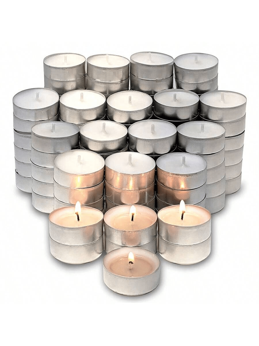 100 Stücke/Packung 4-Stunden rauchlose Teelichter, große romantische Wachskerzen, geeignet für Geburtstagsfeiern, Outdoor-Hochzeiten, Abendessen zu Hause, Stimmungsbeleuchtung