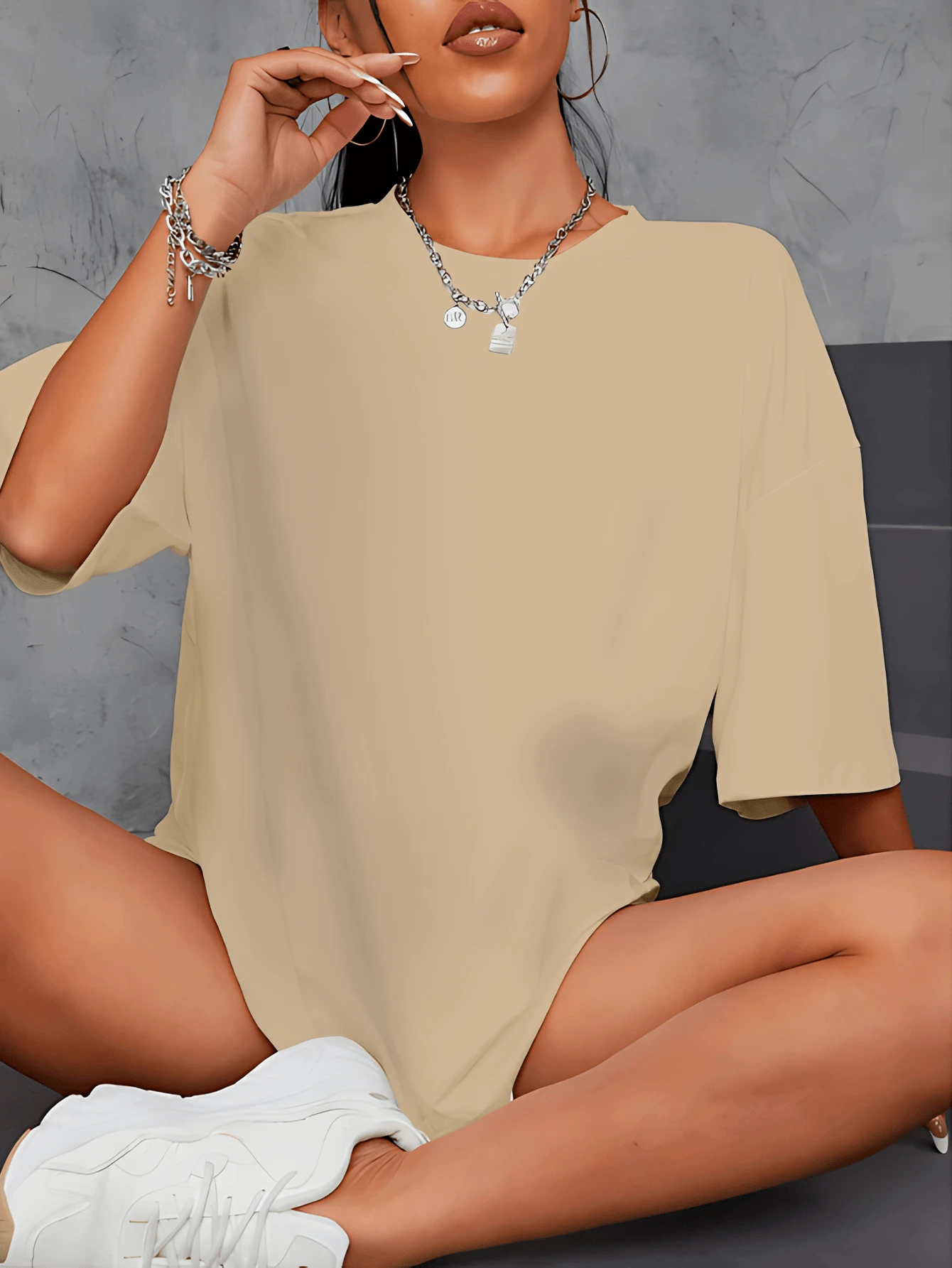 Plain Basic Drop Shoulder T-Shirt Streetwear T-Shirt Blogger Shirt Style - 卡其色 - 查看 1