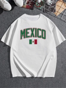 Women's Summer Casual Loose Fit Mexico Flag Print TShirt, Soft Comfortable Crew Neck Short Sleeve Tops For Ladies, Cute Graphic Tee For Daily Wear, Vacation, Party, And More. - trắng - Xem 3